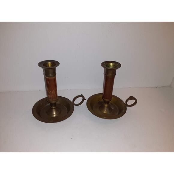 Pair of Vintage Brass and Wood Chambersticks Candle holders 4.5 " tall - Picture 7 of 8